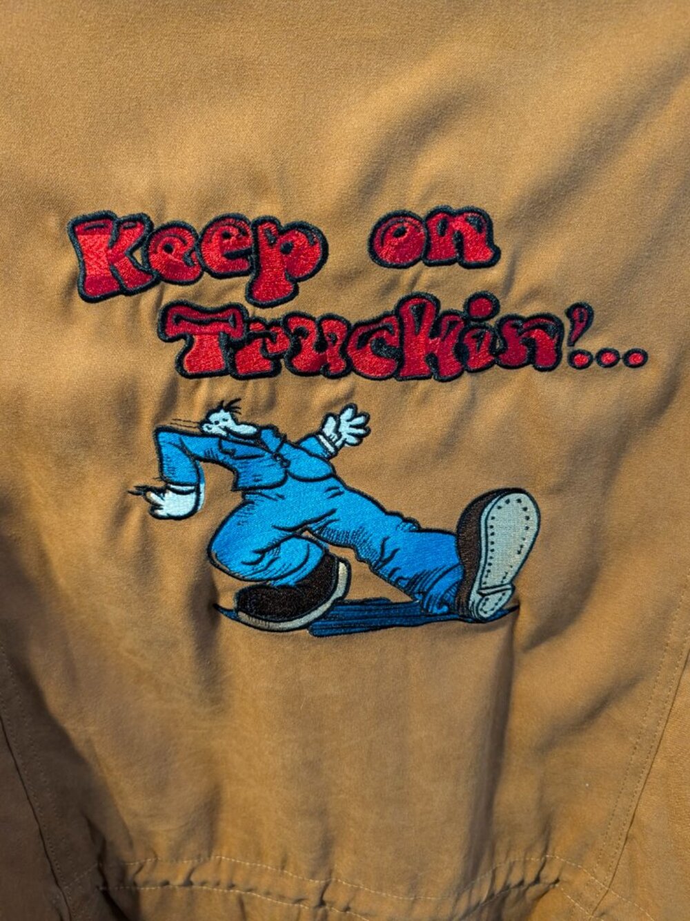 Women's 3XL Cargo Coat Embroidery "Keep On Truckin" Brown Camel NWOT